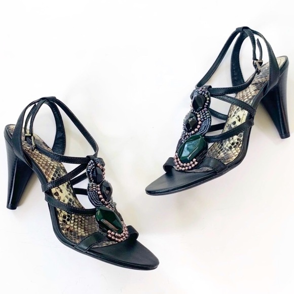 Gianni Bini Stone and Bead Strappy Heel Leather Sandals 8.5 - Picture 9 of 12